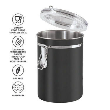 Oggi Stainless Steel Kitchen Canister 47 fl oz, Black - Airtight Clamp Lid, Clear See-Thru Top - Ideal for Kitchen Storage, Food Storage, Pantry Storage. Large Size 5